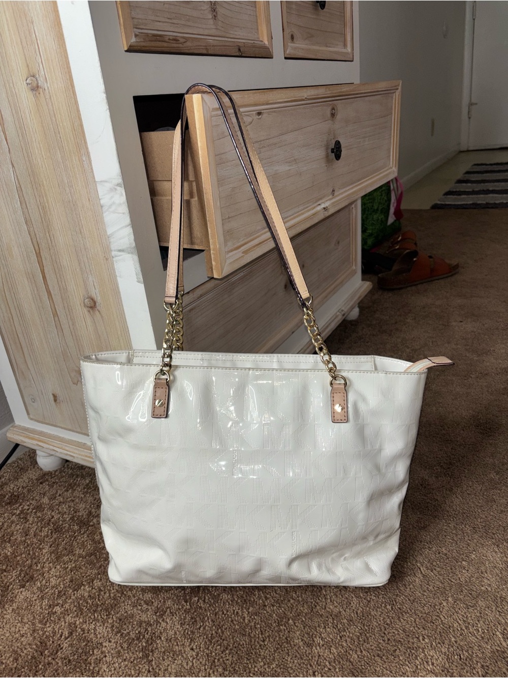 Michael Kors White Patent Tote with Gold Chain-Strap Accents
